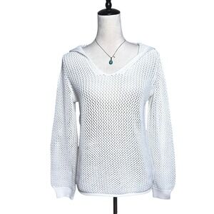 Cotton Blend Open Knit Hooded White Pullover Lightweight Sweater Relaxed Small